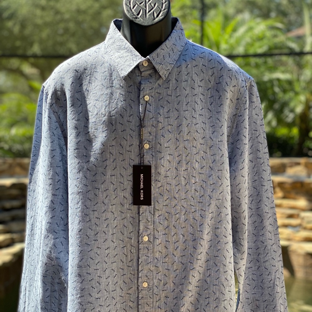 MICHAEL KORS MENS SLIM FIT LINEN SHIRT XL BLUE‎